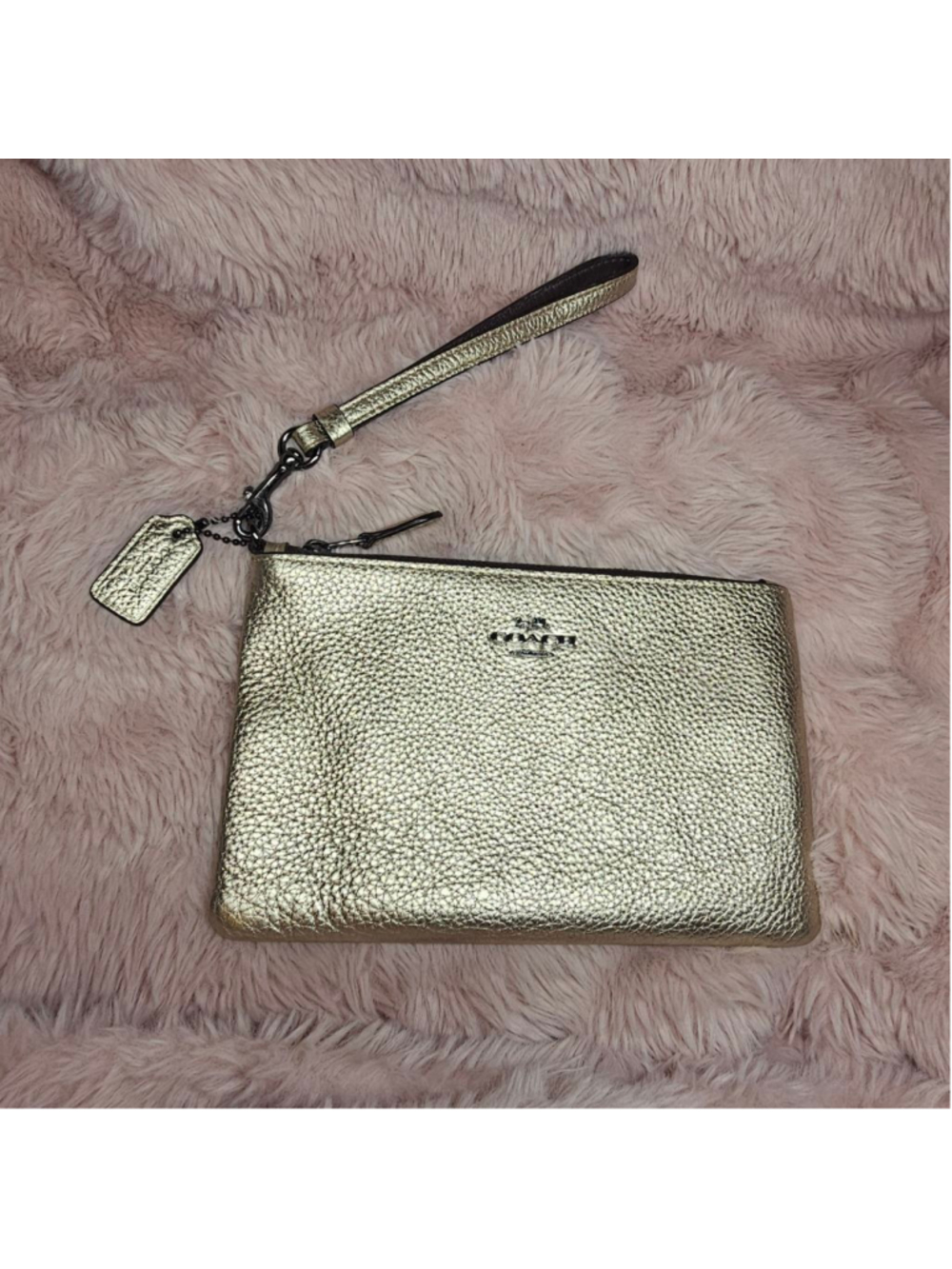COACH Metallic Gold Pebbled Leather Corner Zip Wristlet